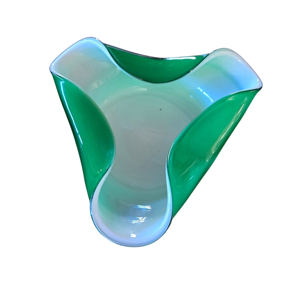 Vintage Emerald Green Cased Art Glass Bowl Mid Century Modern Handkerchief Style
